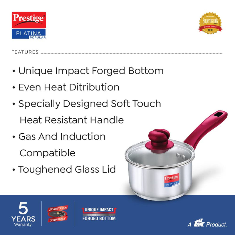 Prestige Platina Popular Stainless Steel Sauce Pan with Glass Lid - 14 cm - 36881 - 3