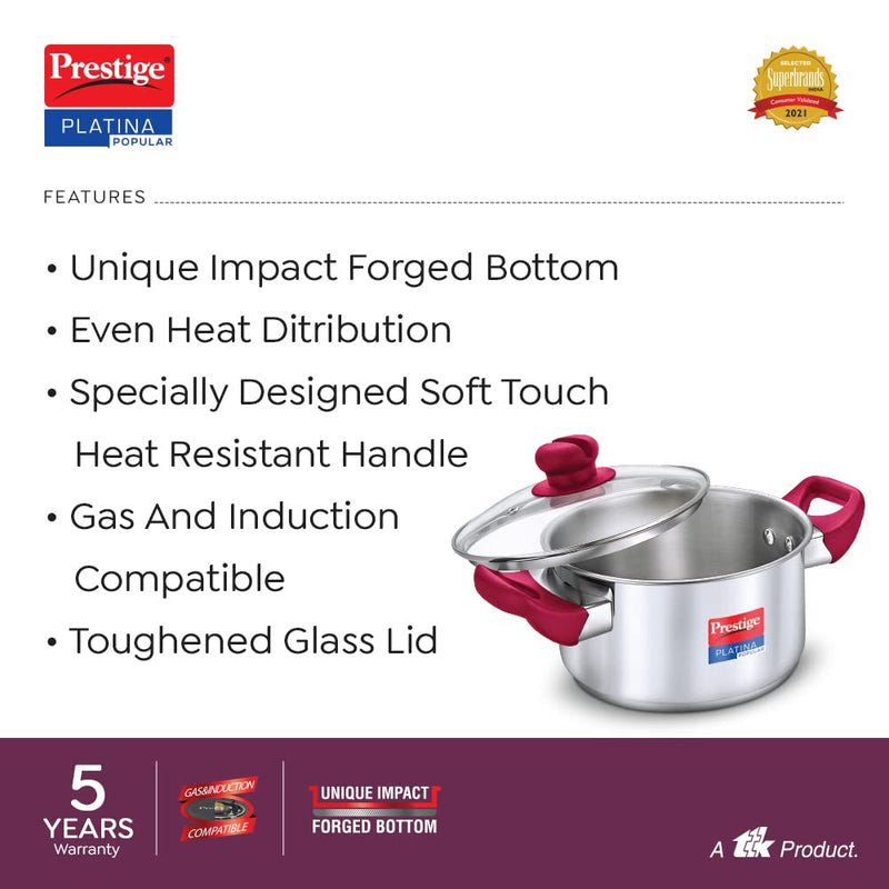 Prestige Platina Popular Stainless Steel Casserole with Glass Lid - 3