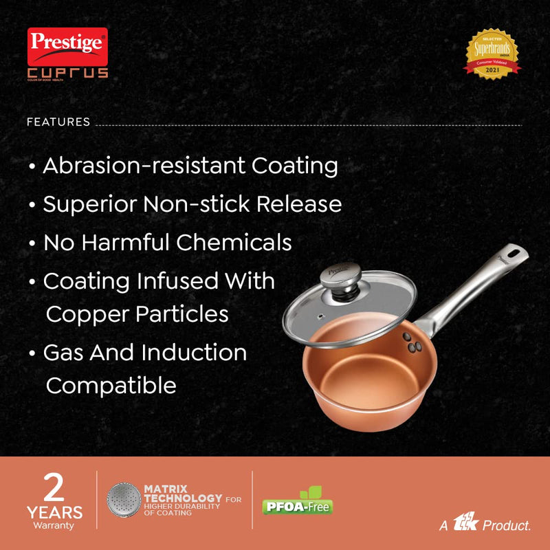 Prestige Cuprus Aluminium 16 cm Non-Stick Sauce Pan with Glass Lid - 37482 - 3