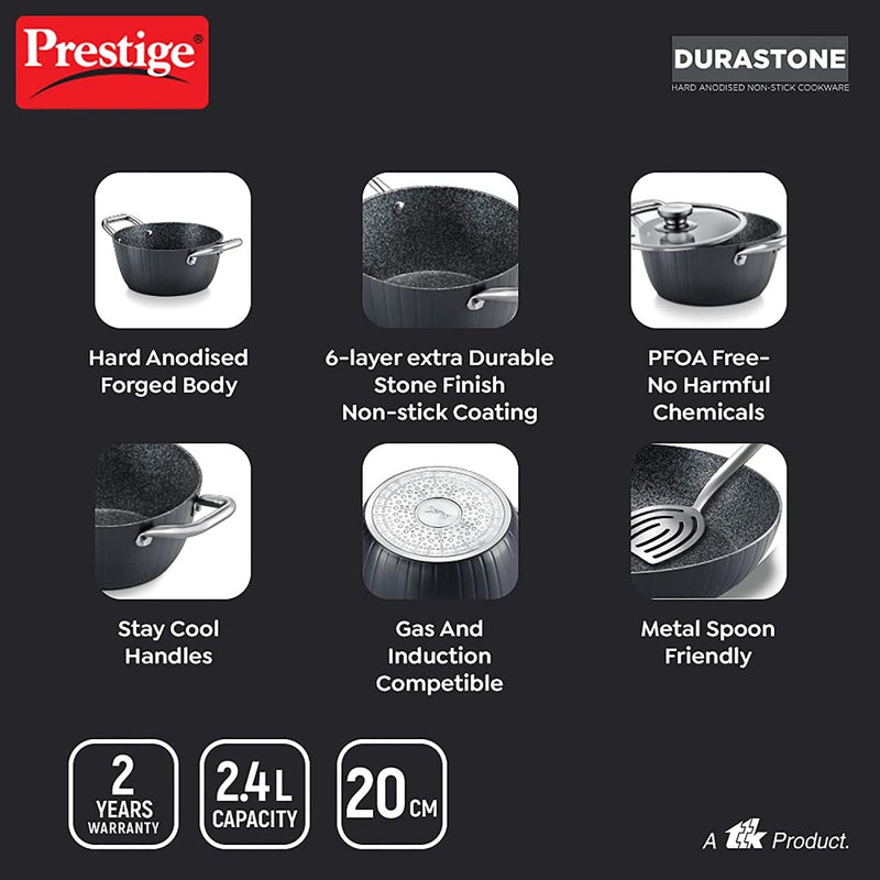 Prestige Durastone Hard Anodised 6 Layer Non-Stick Coating 20 CM Casserole with Glass Lid - 5