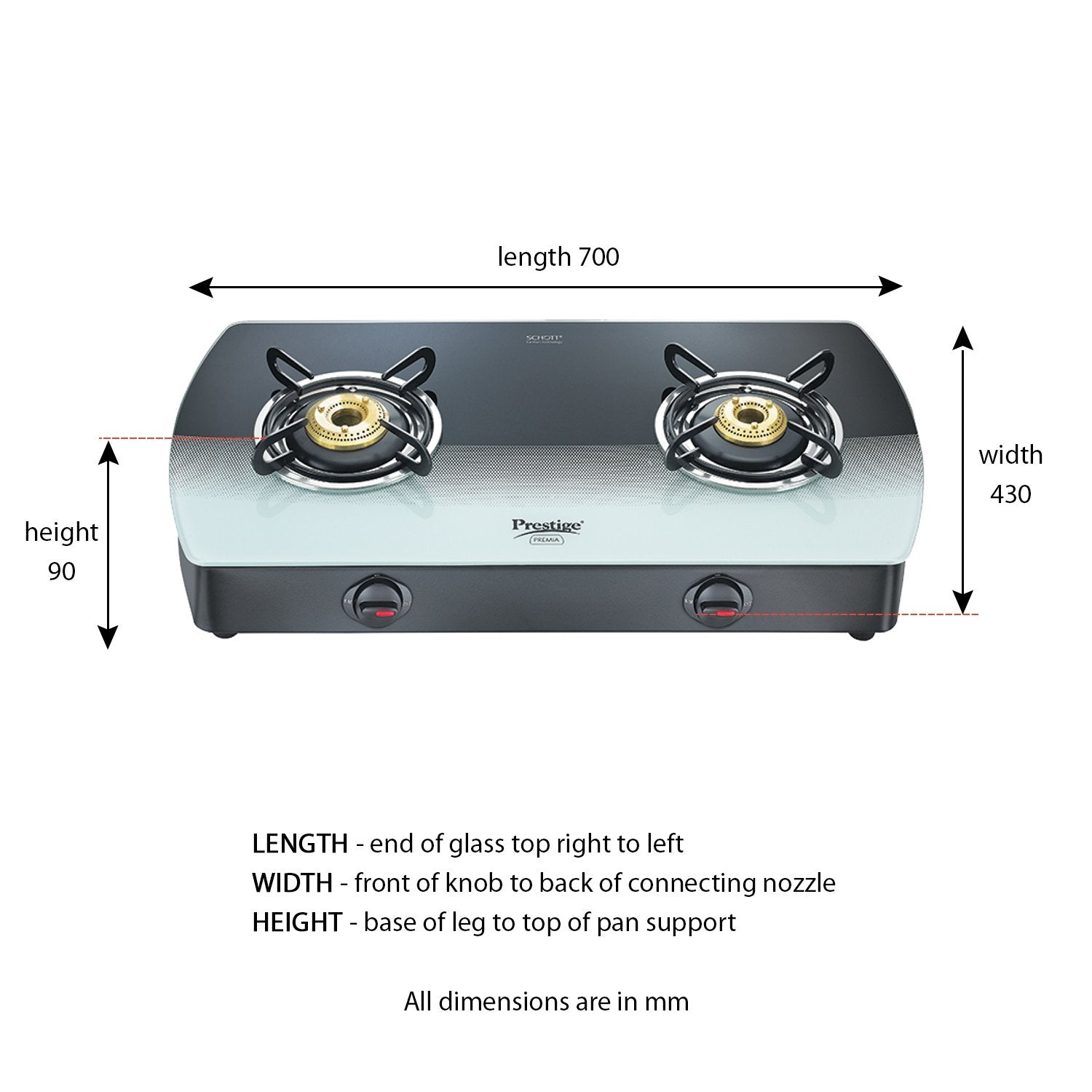 Prestige Premia Schott Glass Top Burners Gas Stove Black