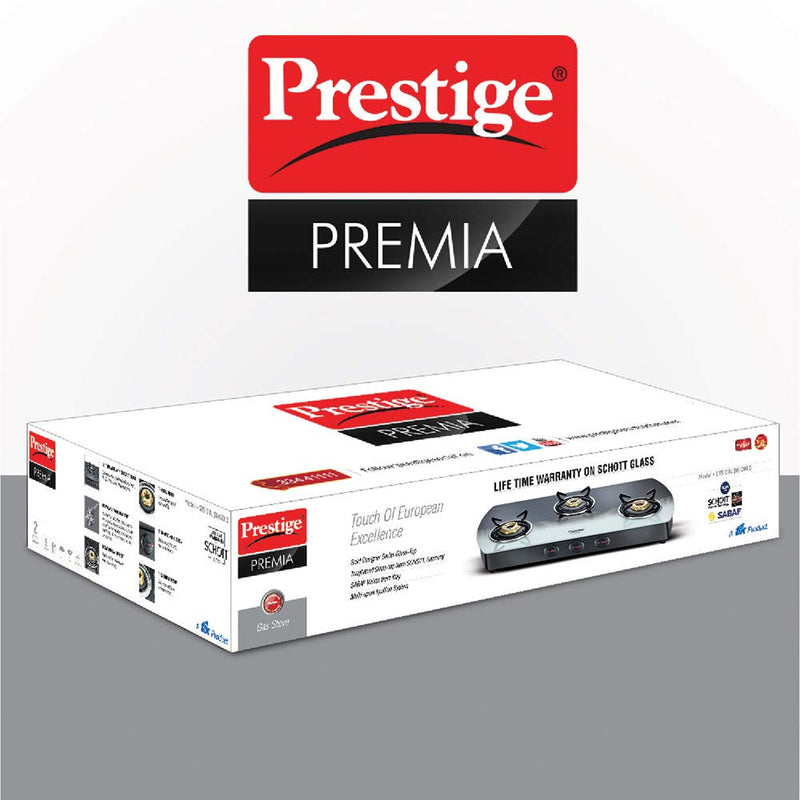 Prestige Premia Glass 3 Burner Gas Stove (Black and White)
