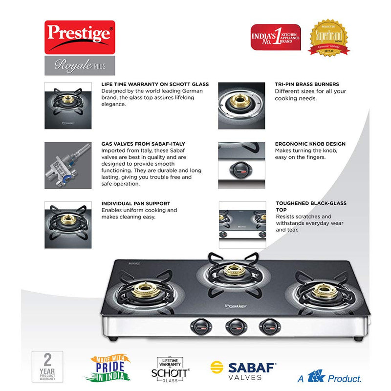Prestige Royale Plus Schott Glasstop Stainless Steel 3 Burner Gas Stov