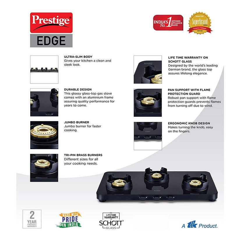 Prestige Edge Schott Glass 3 Burner Gas Stove, Black