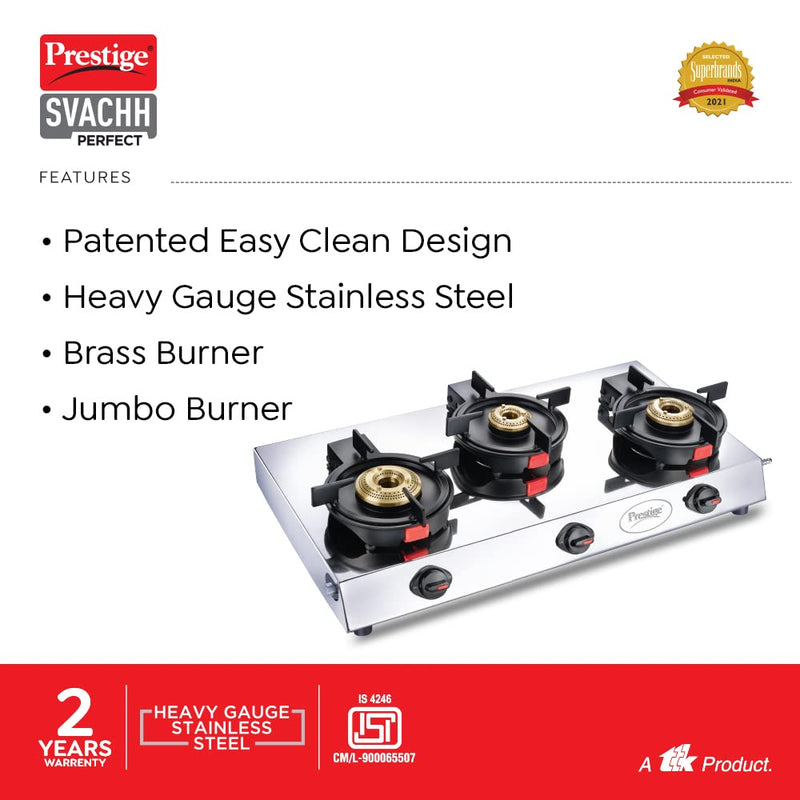 Prestige Svachh Perfect Stainless Steel L.P Gas Stove with Liftable 3 Brass Burners - 3