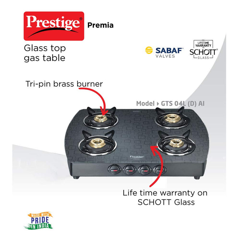 Prestige Premia GTS 4 (D) Glass Top Stove, 8901365402718 with 10 Years Warranty