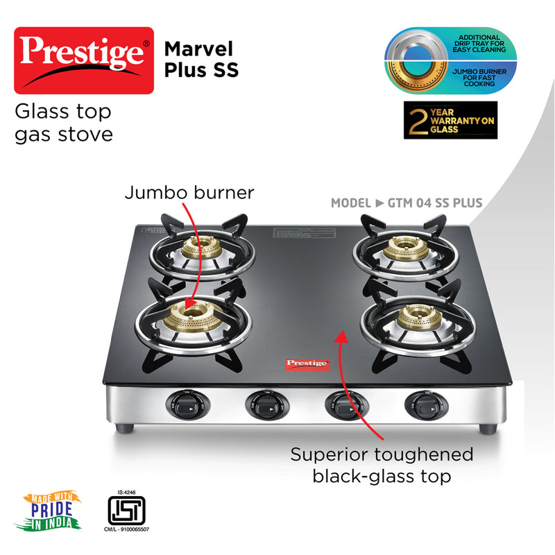 Prestige 40279 Marvel Plus Stainless Steel 4 Burner Gas Stove (Black)