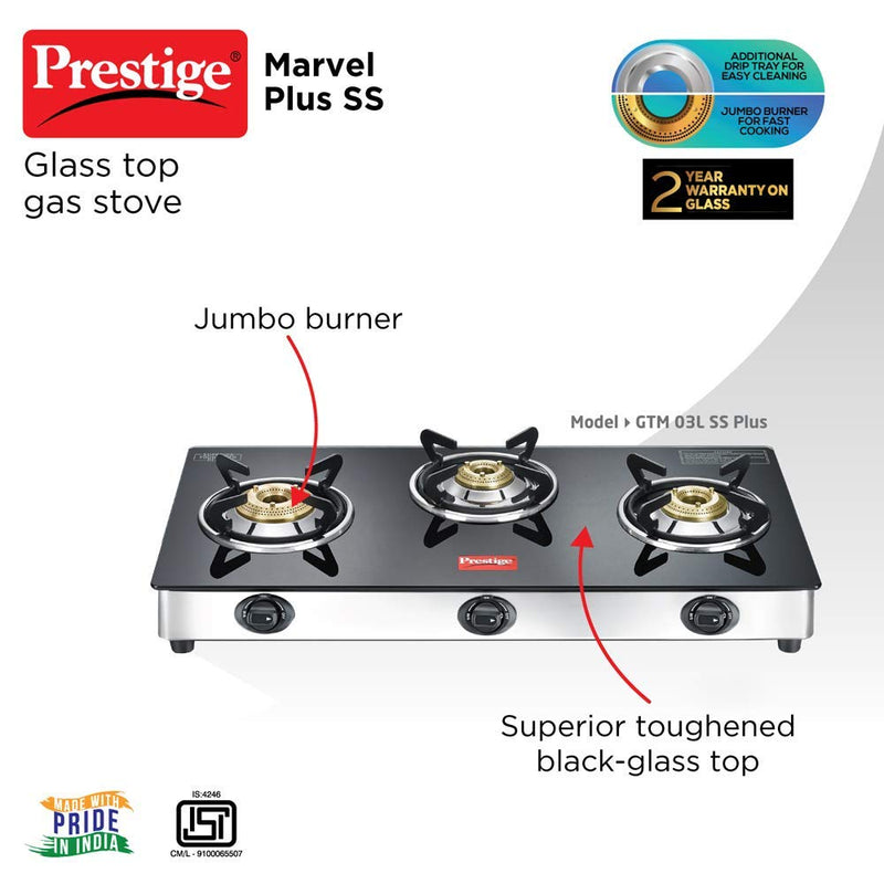 Prestige Marvel Plus Stainless Steel 3 Burner Glass Top Gas Stove Bl