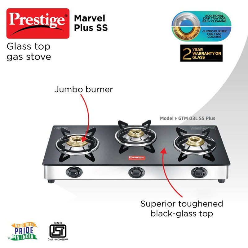 Prestige Marvel Plus Stainless Steel 3 Burner Glass Top Gas Stove - 2