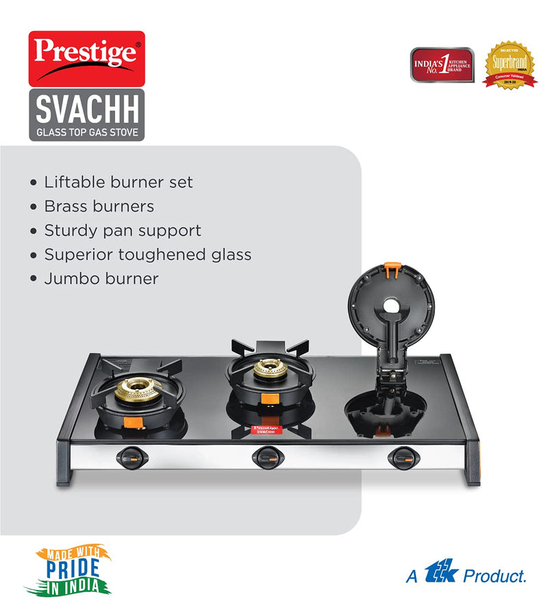 Prestige Svachh GTSV-03 3 Burner Glass top LP Gas Stove with Liftable Burner Set - 40369 - 3
