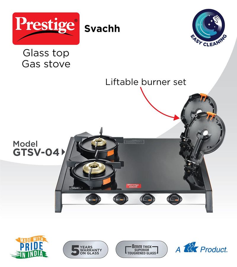 Prestige Svachh GTSV-04 4 Burner Glass top LP Gas Stove with Liftable Burner Set - 40370 - 2