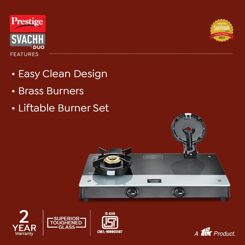 Prestige Svachh Duo GTSD-02 Glass Top L.P Gas Stoves with Liftable 2 Burners - 4 