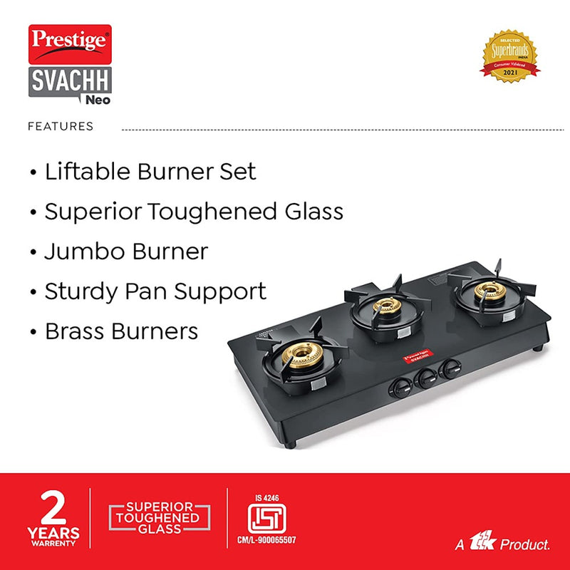 Prestige Svachh Neo Toughened Glass Top Gas Stove with 3 Liftable Burners - 3
