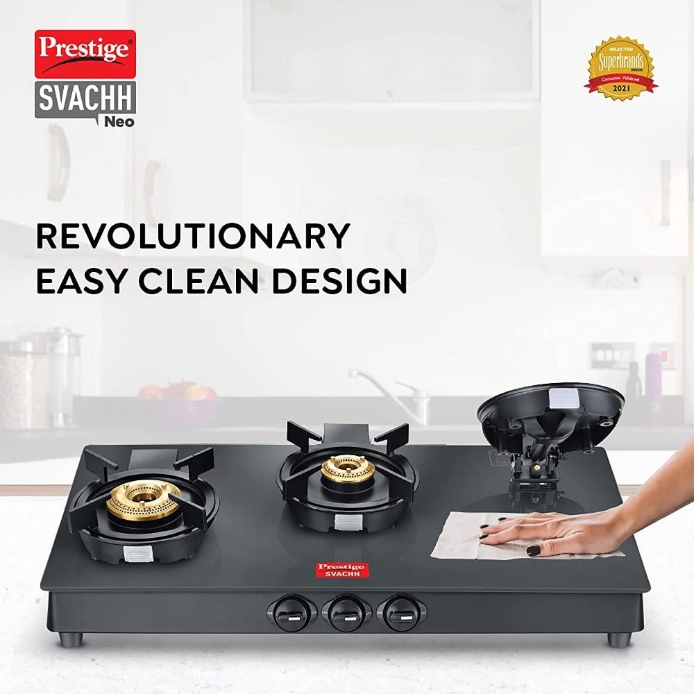 Prestige Svachh Neo Toughened Glass Top Gas Stove with 3 Liftable Burn