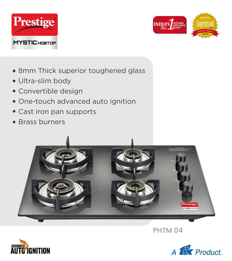 Prestige Mystic PHTM 04 Toughened Glass Top 4 Burners Hobtop with Auto