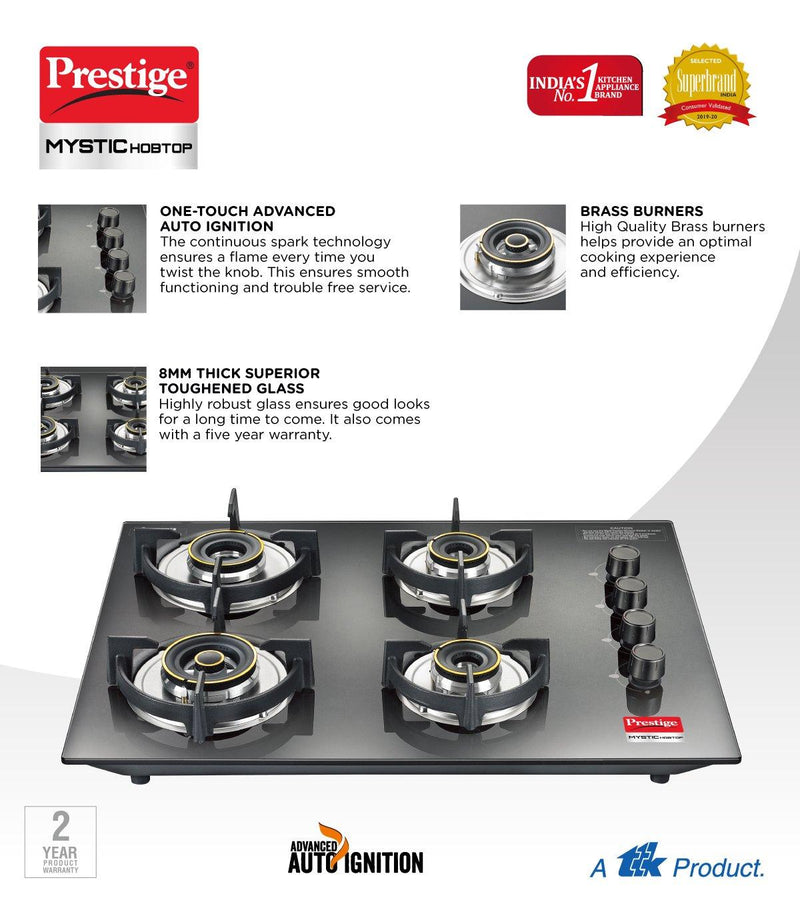 Prestige Mystic PHTM 04 Toughened Glass Top 4 Burners Hobtop with Auto