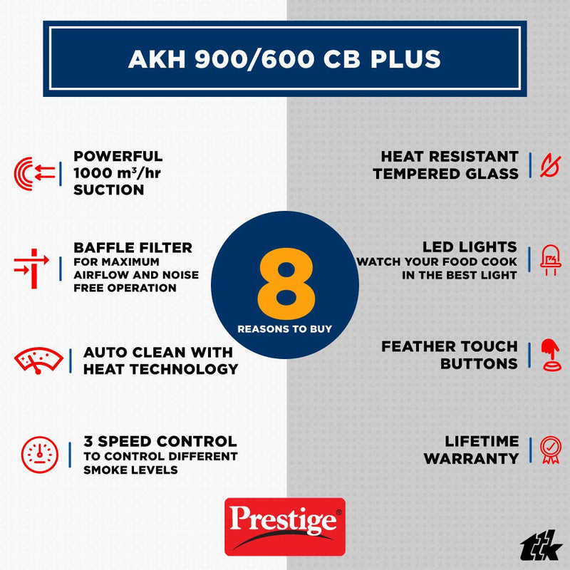 Prestige 60cm 1000 m3/hr Chimney (Auto Clean 600CB-Plus, 2 Baffle Filters, Touch Control, Black)