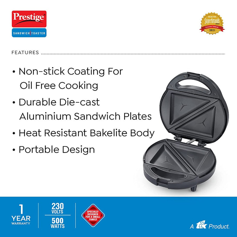 Prestige PSSP Single 500 Watts Non-Stick Sandwich Maker with Fixed Sandwich Plate - 3
