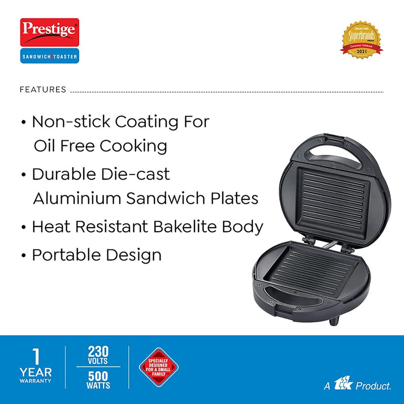 Prestige PGSP Single 500 Watts Non-Stick Sandwich Maker with Fixed Sandwich Grill Plate - 3