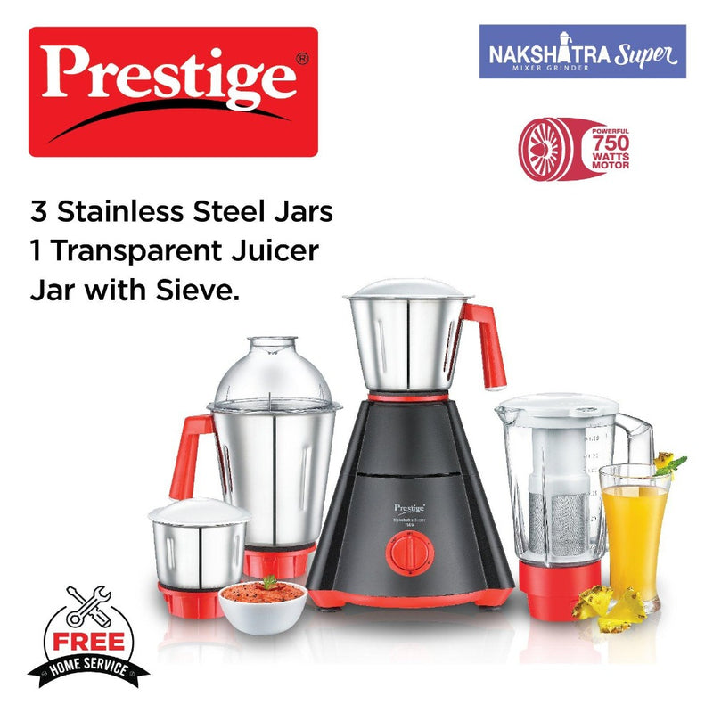Prestige Nakshatra Super Mixer Grinder-750 watts - with 3 Stainless Steel Jar and 1 juicer Jar | Black & Red | Medium-3