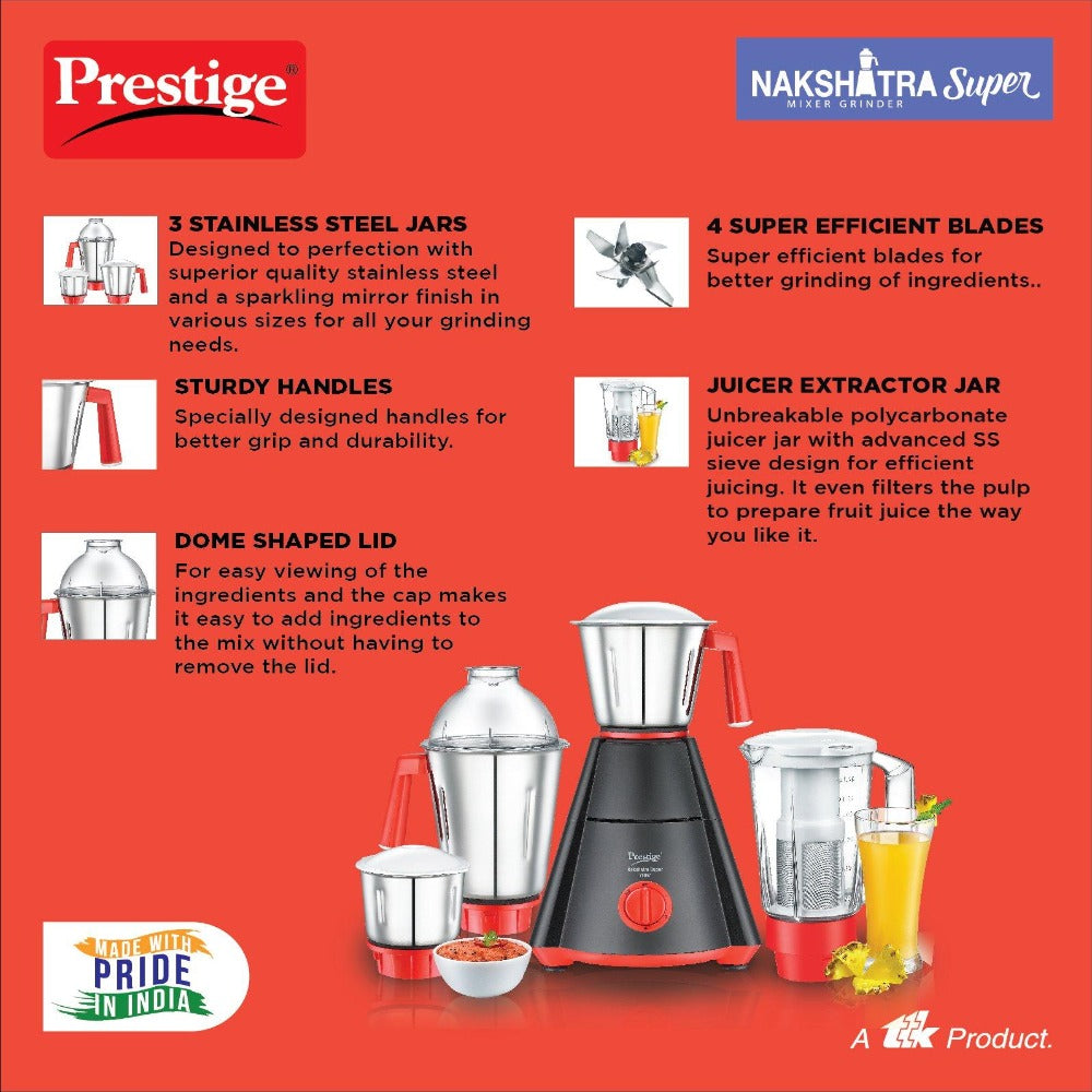 Prestige Nakshatra Super Mixer Grinder-750 watts with Stainless Steel Jar and juicer Jar Black Red Medium
