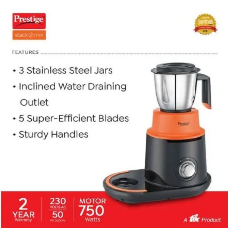 Prestige Stack-O-Mix 750 Watt Mixer Grinder with 3 Jars | Black & Oran