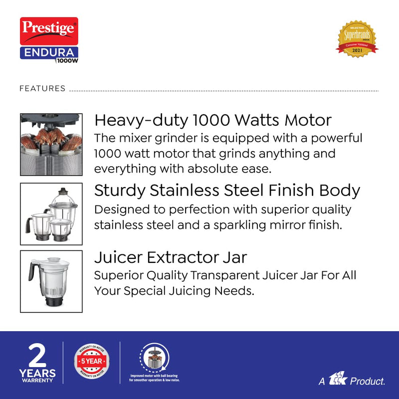 Prestige Endura 1000 Watt Juicer Mixer Grinder with 4 Jars - 4
