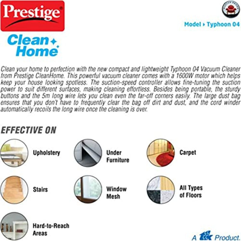 Prestige Clean home Typhoon 04 Vacuum Cleaner, 1600 Watts | Blue & Black-6
