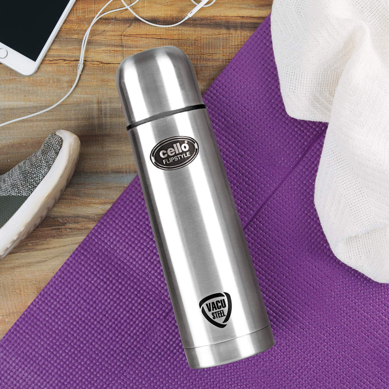 Cello Flip Style Stainless Steel Bottle with Thermal Jacket, Silver
