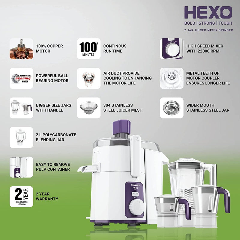 Havells Hexo 1000 Watt Juicer Mixer Grinder with 3 Jars - 7