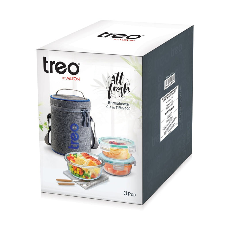 Treo All Fresh 400 ML Borosilicate Glass Round Container Tiffin Box with Cover - 3 Containers - 13