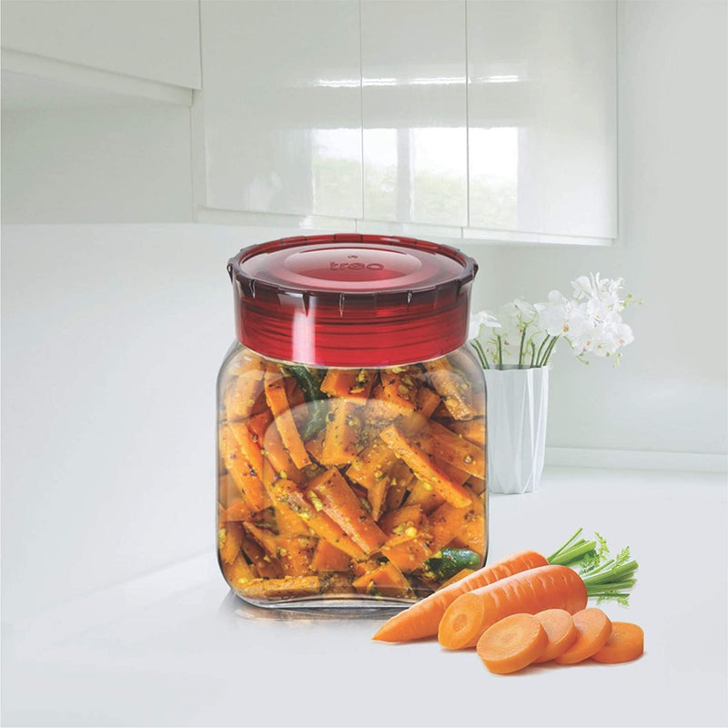 Treo Square Glass Storage Jar with Red Lid - 1000 ML - 1