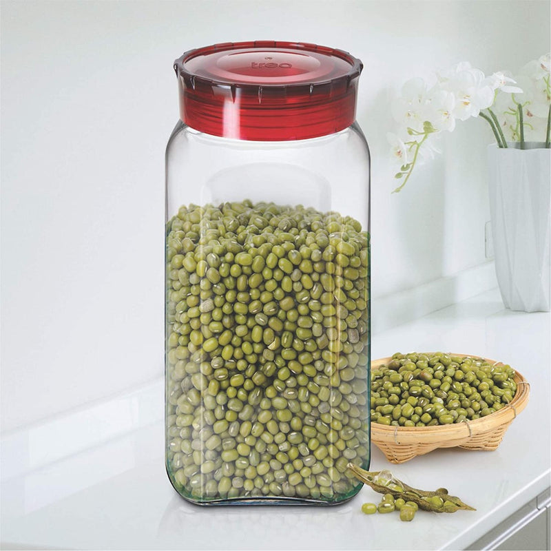 Treo Square Glass Storage Jar with Red Lid - 2350 ML - 7