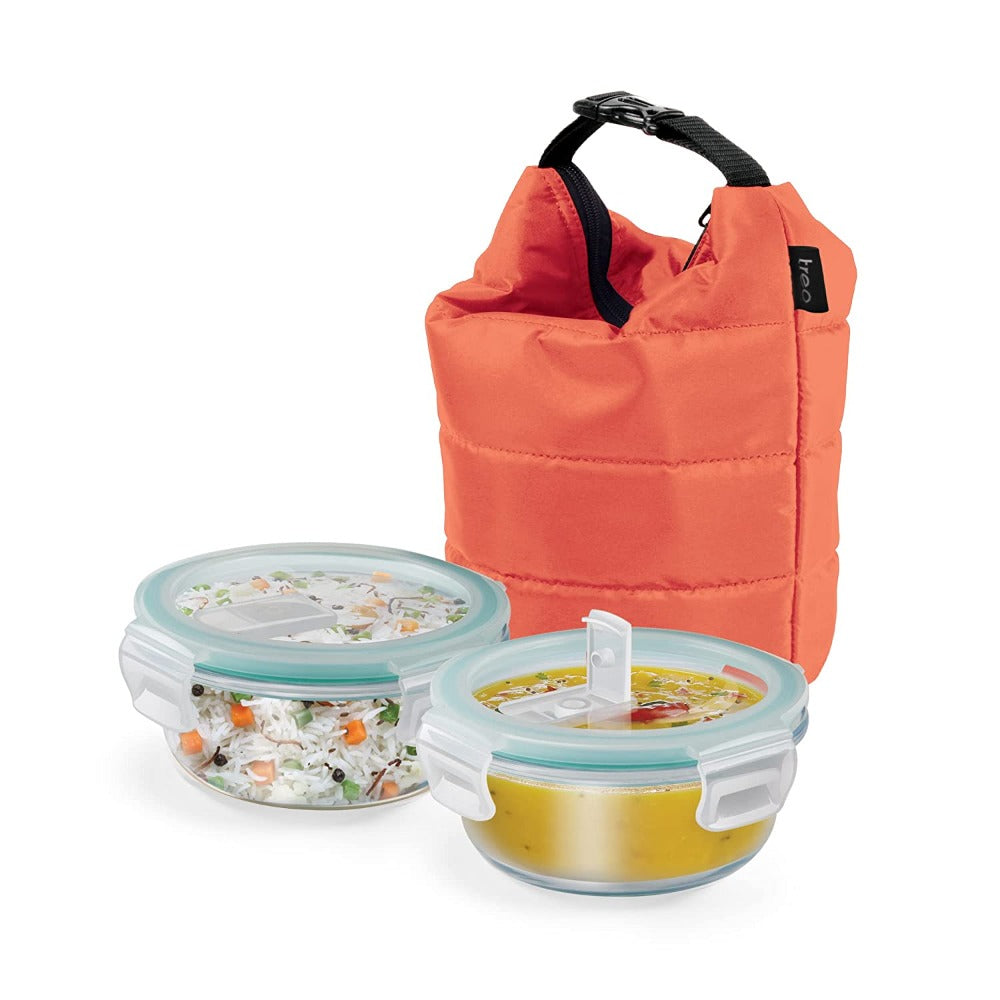 Treo Swag Borosilicate Round Glass Tiffin Box with Jacket