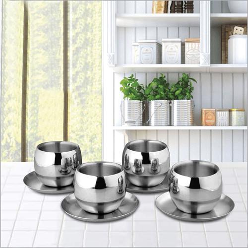 Shri and Sam Stainless Steel Cup and Saucer Set, 4-Pieces, Silver