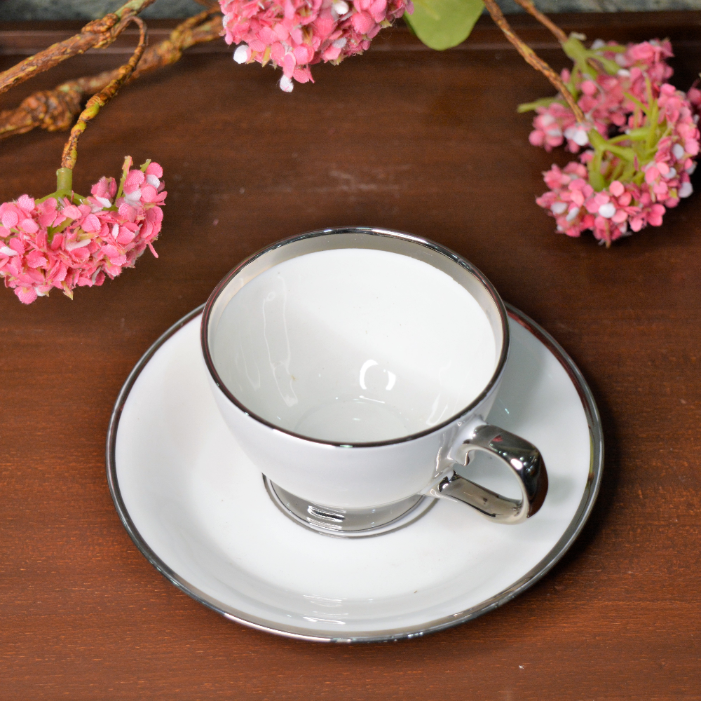 Oasis Italian Cup Saucer Set 120 ML White & Silver Set of 12 Pcs