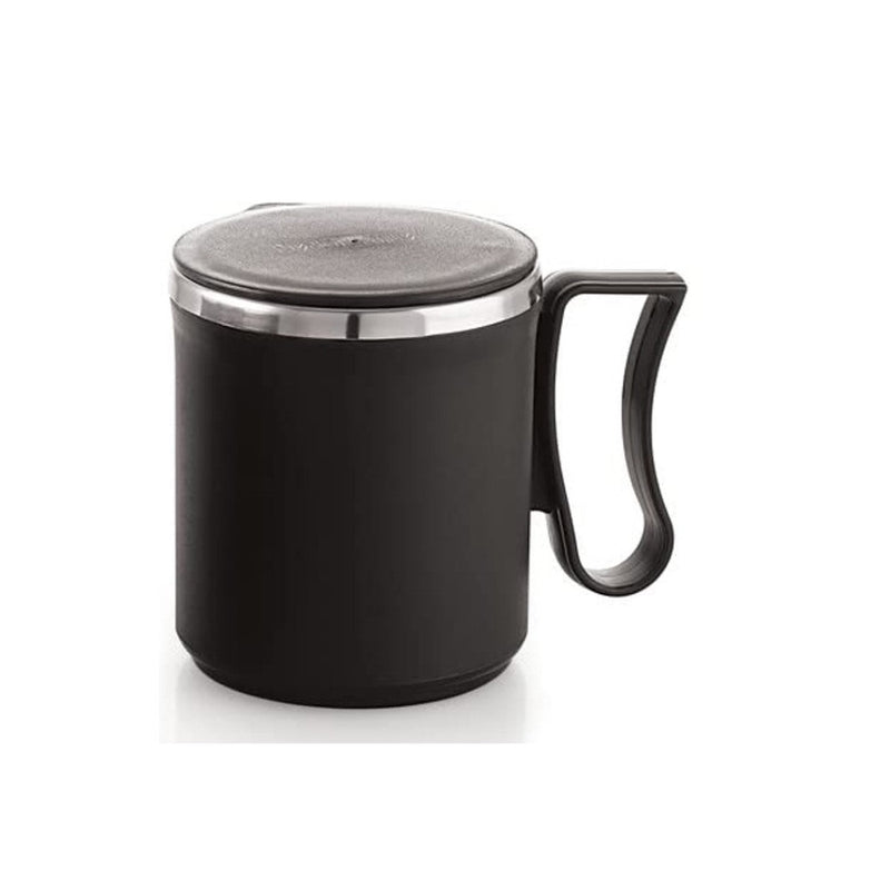 Nirlon Flute 300 ML Double Wall Plastic Stainless Steel Tea Coffee Mug with Lid - Black - 7