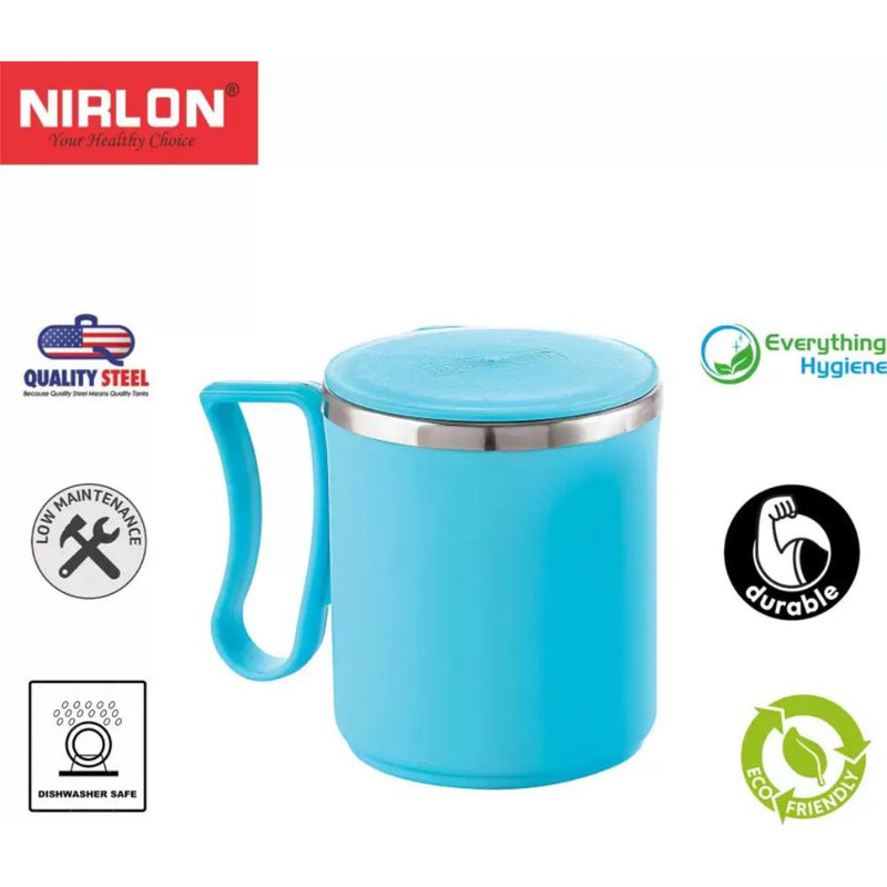 Nirlon Flute 300 ML Double Wall Plastic Stainless Steel Tea Coffee Mug with Lid - Blue - 12