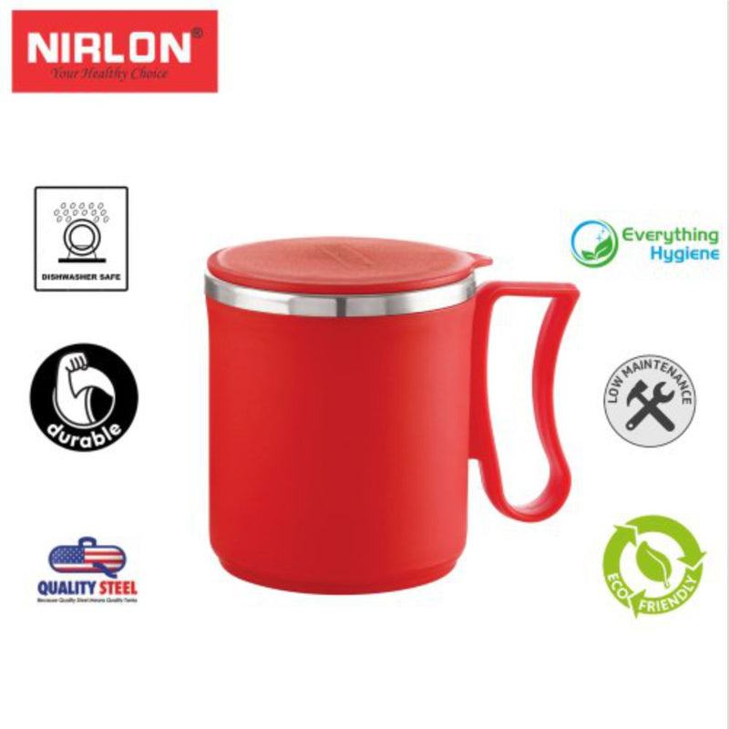 Nirlon Flute 300 ML Double Wall Plastic Stainless Steel Tea Coffee Mug with Lid - Red - 4