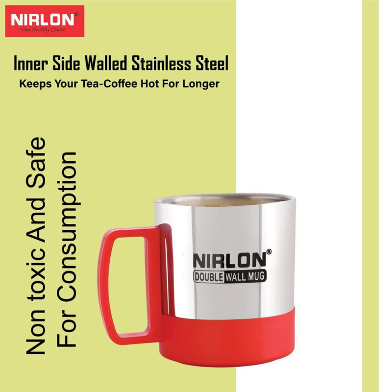 Nirlon OXY 170 ML Double Wall Plastic Stainless Steel Tea Coffee Mug with Lid - 12