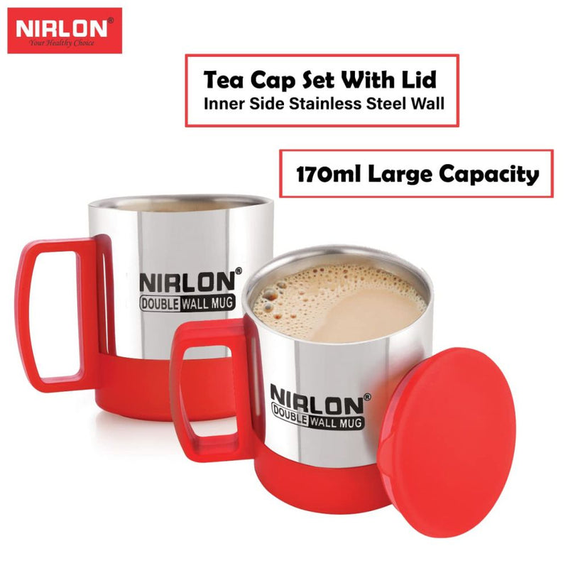 Nirlon OXY 170 ML Double Wall Plastic Stainless Steel Tea Coffee Mug with Lid - 10