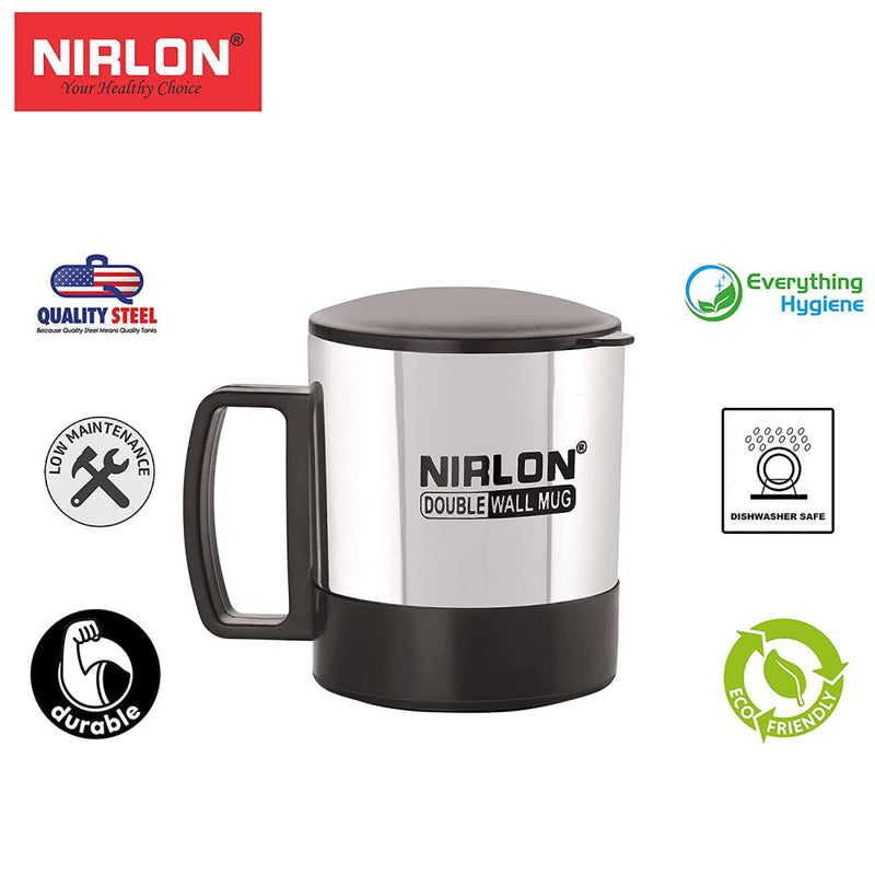 Nirlon OXY 170 ML Double Wall Plastic Stainless Steel Tea Coffee Mug with Lid - 6