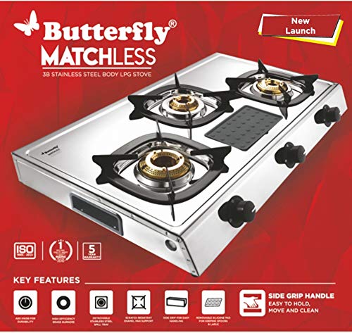 Butterfly Matchless Stainless Steel 3 Burner LPG Gas Stove - Silver