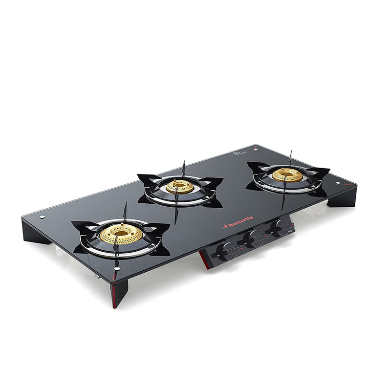 Butterfly Prism Glass Top 3 Burner Gas Stove, Manual Ignition, Black/Red