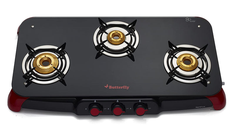 Butterfly Signature Glass 3 Burner Gas Stove, Black/Red
