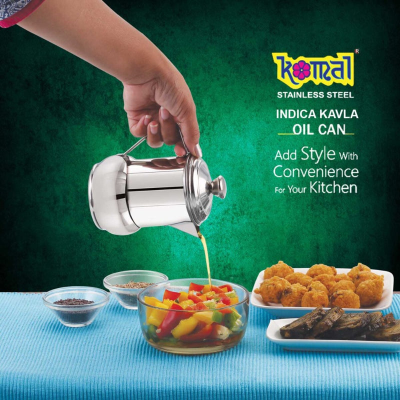 Komal Stainless Steel 550 ML Super Deluxe Indica Oil Pot | Leak-Proof BPA-Free Container for Kitchen and Restaurant Use | Trendy Silver Design from www.rasoishop.com