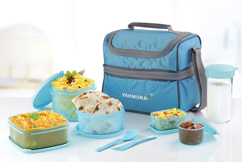 Varmora Classic Lunch Box (Tiffine) 5 Container,Sparkle Buddy 350ml, 1 Nos Spoon & Fork(Cyan Blue)