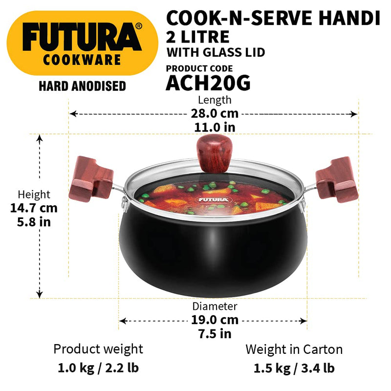 Hawkins Futura Hard Anodised Cook n Serve Handi with Glass Lid - ACH20G - 3
