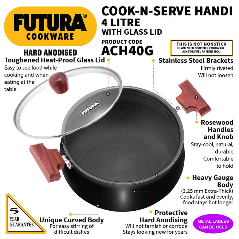 Hawkins Futura Hard Anodised Cook n Serve Handi with Glass Lid - ACH40G - 12