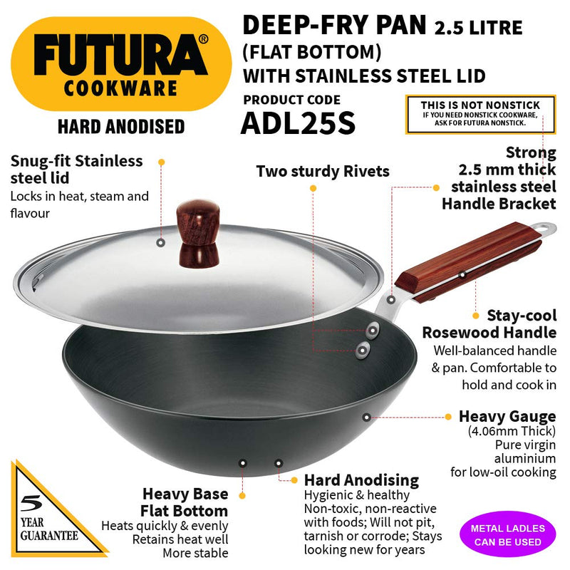 Futura Hard Anodised Deep-Fry Pan by Hawkins (Long Handle, Flat Bottom) with Stainless Steel Lid Black